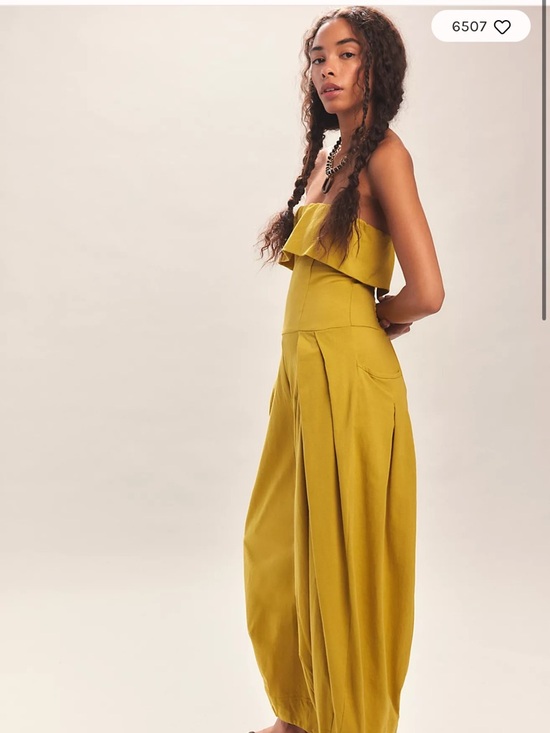 Free People Pants - Free People Mustard Yellow Strapless Wide-Leg Jumpsuit